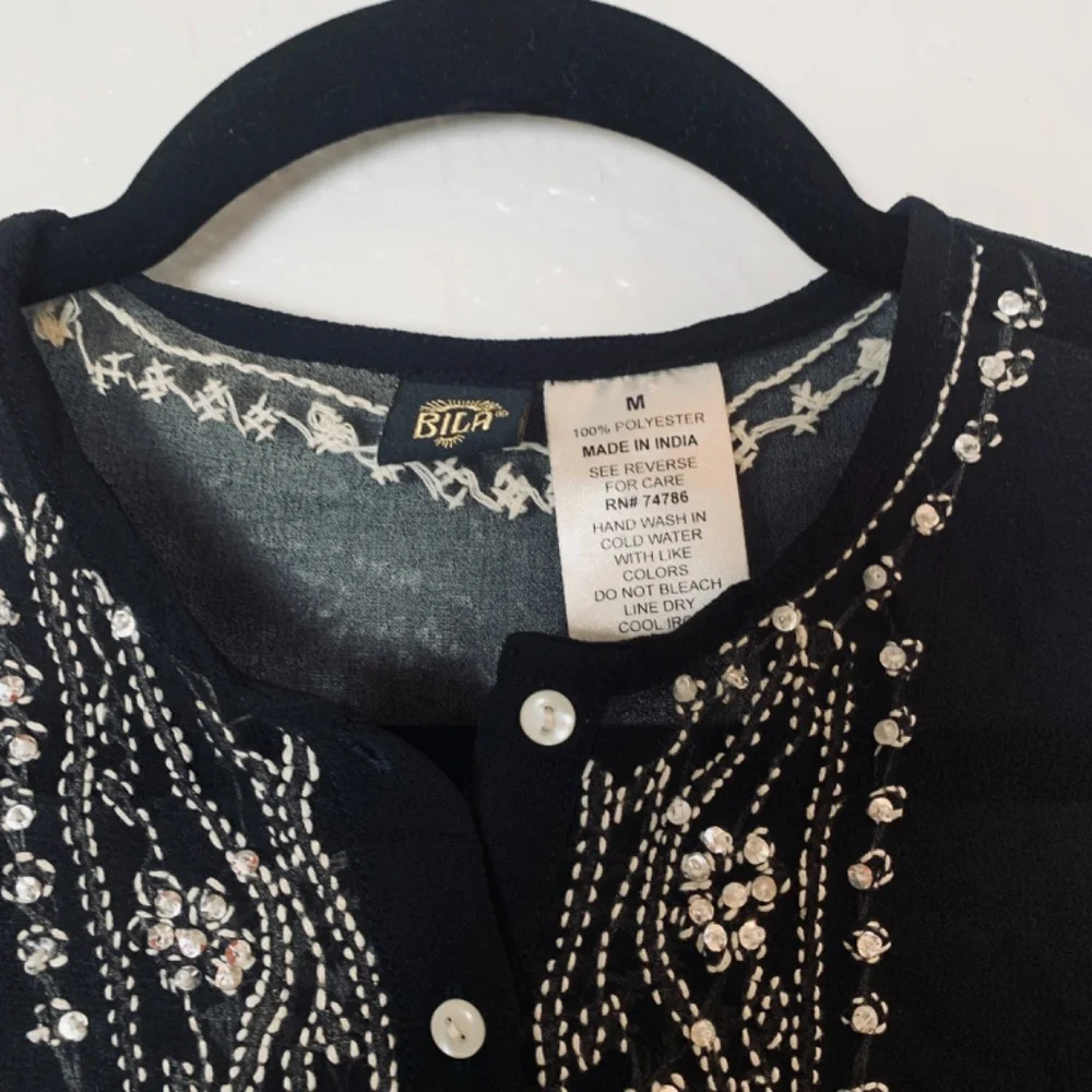 Bila Black SHEER Blouse Medium Embroidered Sequins Whimsigoth Witchy Boho Fairy